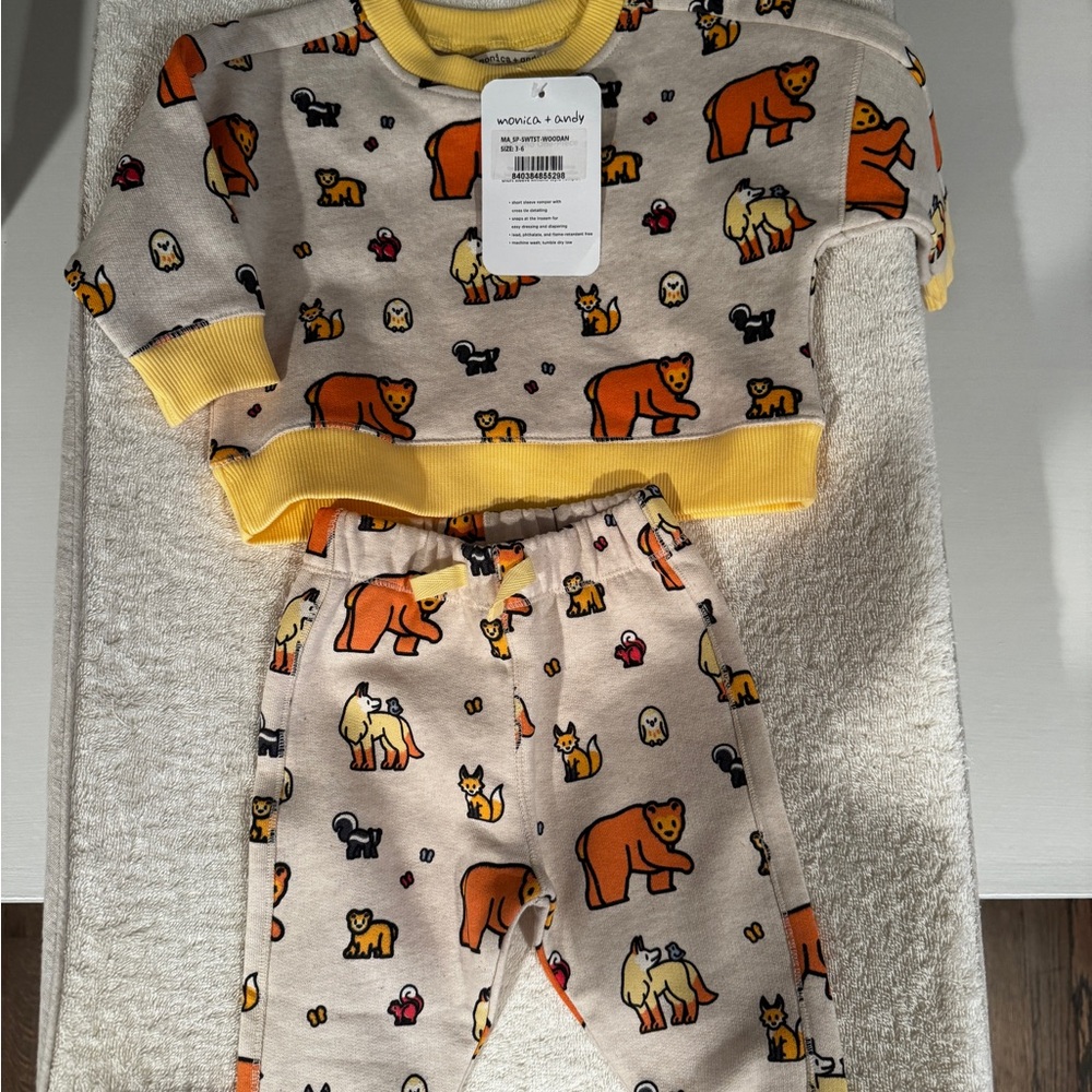 Baby Sweat Outfit with Bear Print - Yellow and Beige